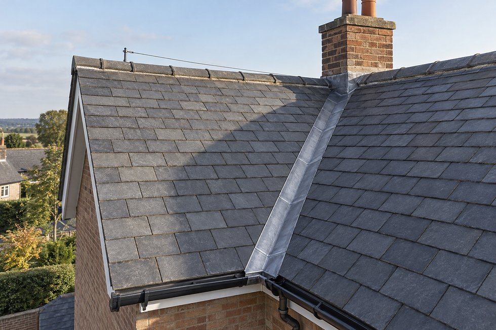 A grey slate roof with a brick chimney, set against a clear blue sky and distant landscape.