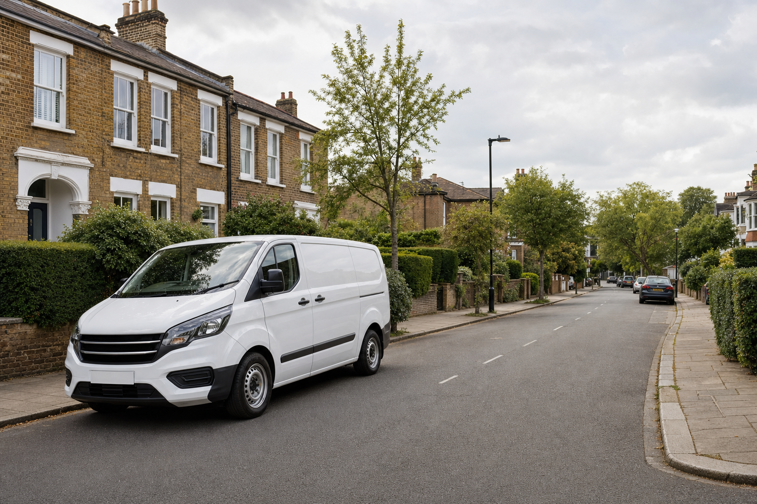 A white van parked on a quiet residential street lined with brick houses and trees.