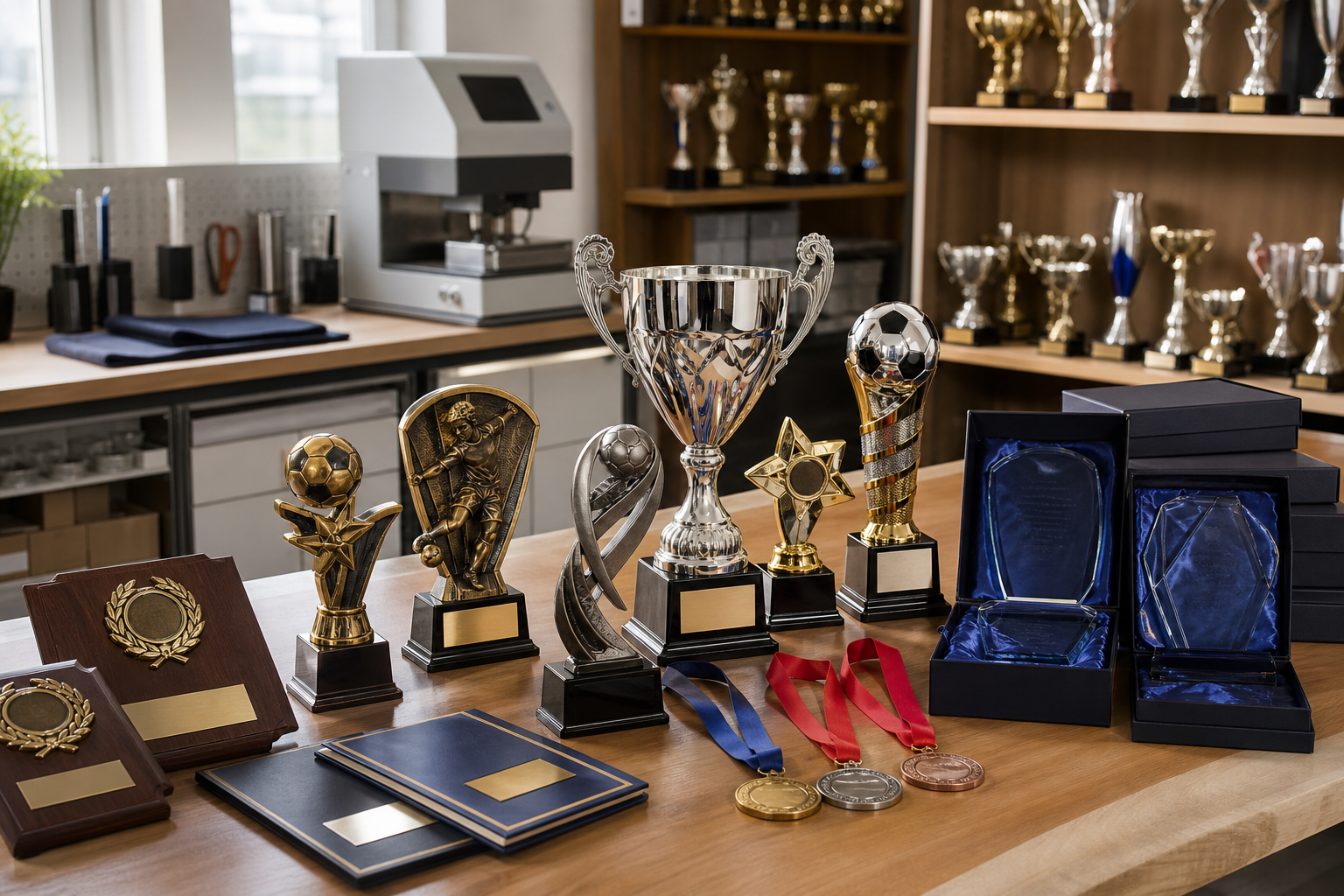 Various trophies, medals, and plaques displayed on a wooden table in a trophy shop.