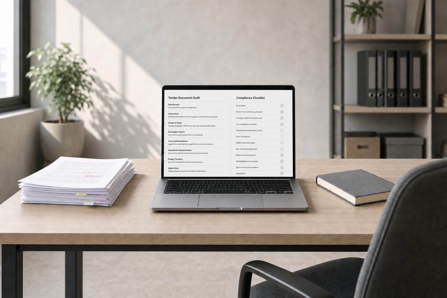 A laptop displaying a tender document and compliance checklist sits on a desk with stacks of papers and a book.