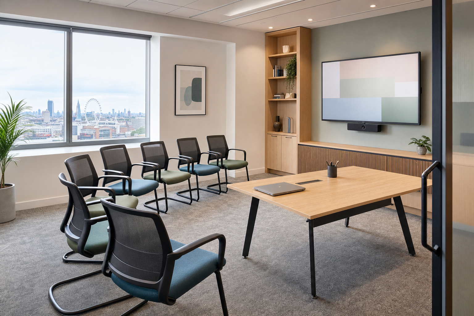 Modern conference room with chairs, a wooden table, a large screen, and a view of the London skyline through the window.