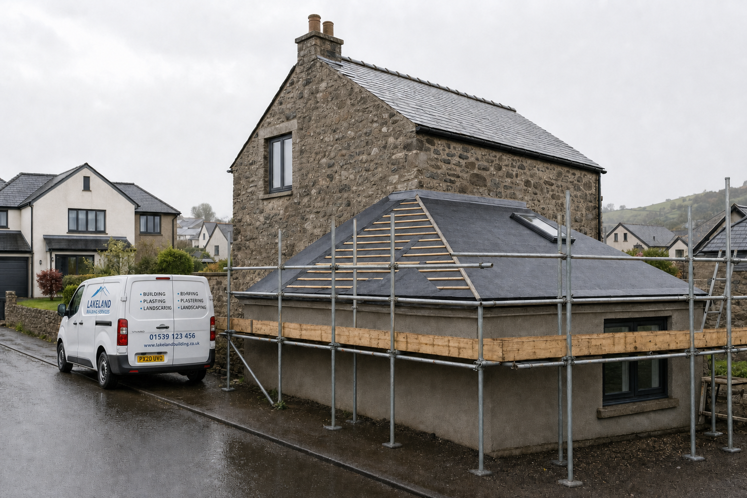 A stone house with scaffolding and a construction van parked on a rainy residential street.