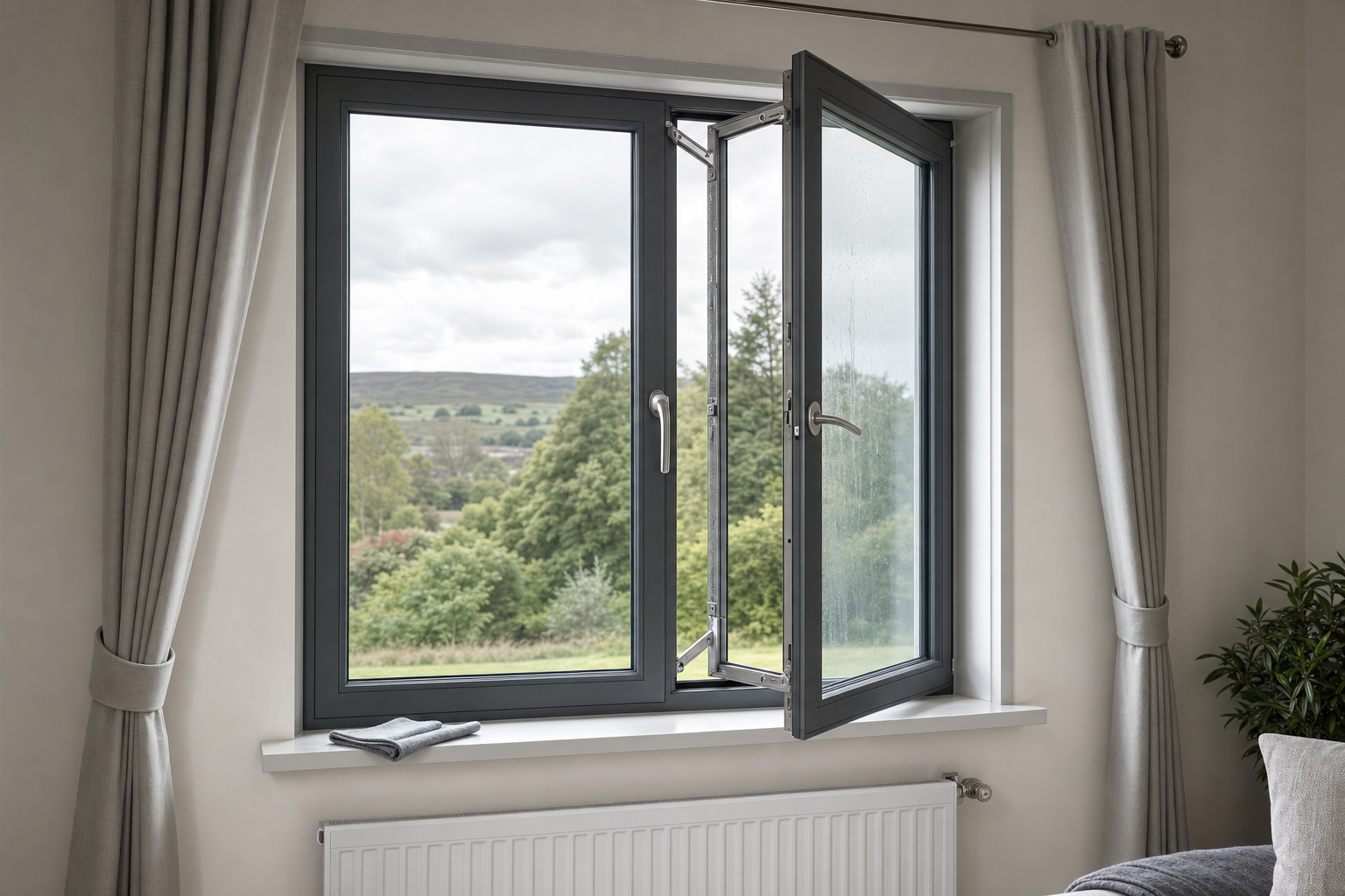Open window with grey frame and curtains, overlooking a lush green landscape on a cloudy day.