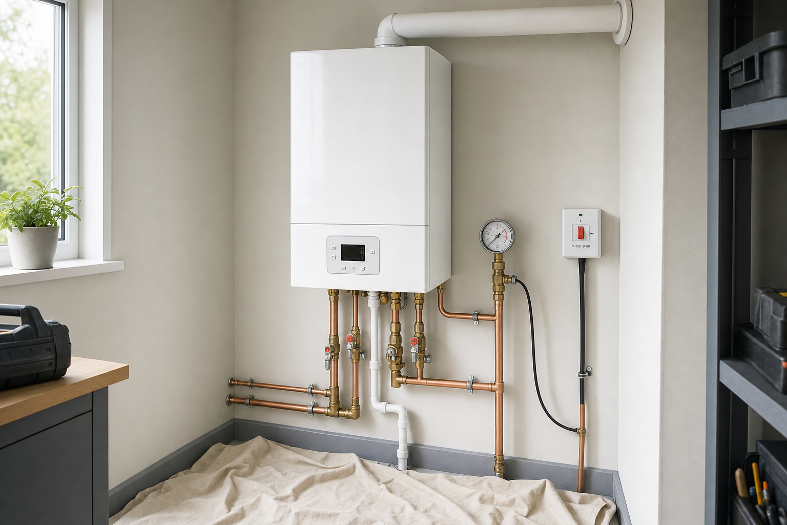 A modern gas boiler with copper piping and a pressure gauge installed in a utility room.