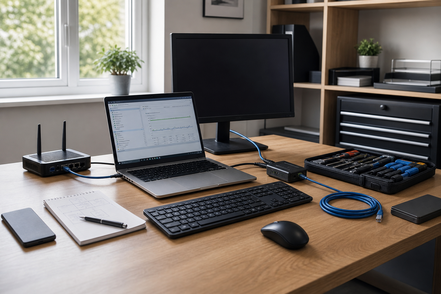 Modern workspace with a laptop, monitor, router, and tools on a wooden desk.