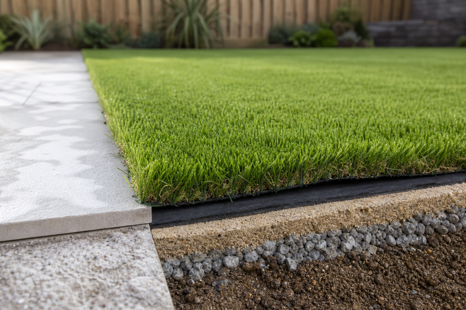 Cross-section of layered synthetic turf next to a concrete patio, showing soil and gravel foundation.