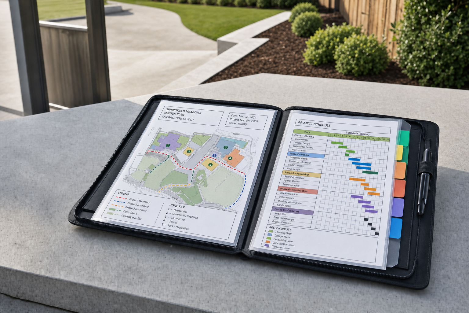 Open folder displaying a site layout and project schedule on a concrete surface outdoors.
