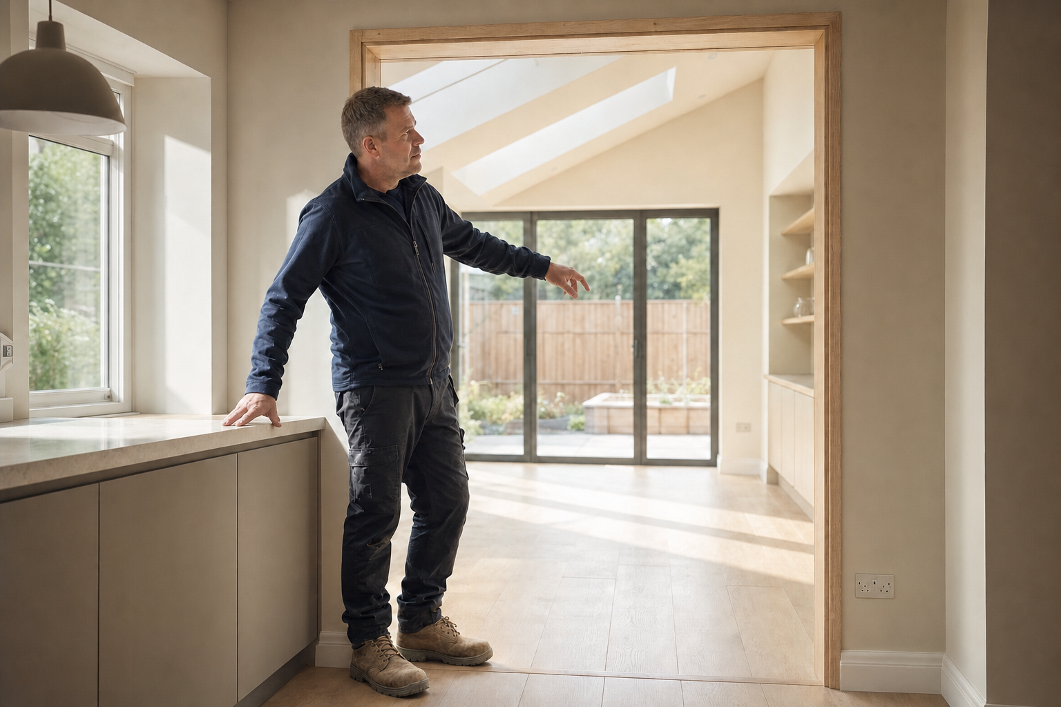 A man stands in a bright, modern room, gesturing toward a large glass sliding door leading to a garden.