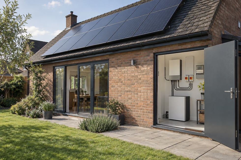 A brick house with solar panels and an open door reveals an interior energy storage system.