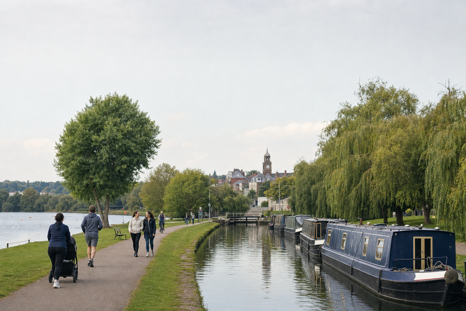 People walking and cycling along a canal path next to moored narrowboats with a town and clocktower in the background.