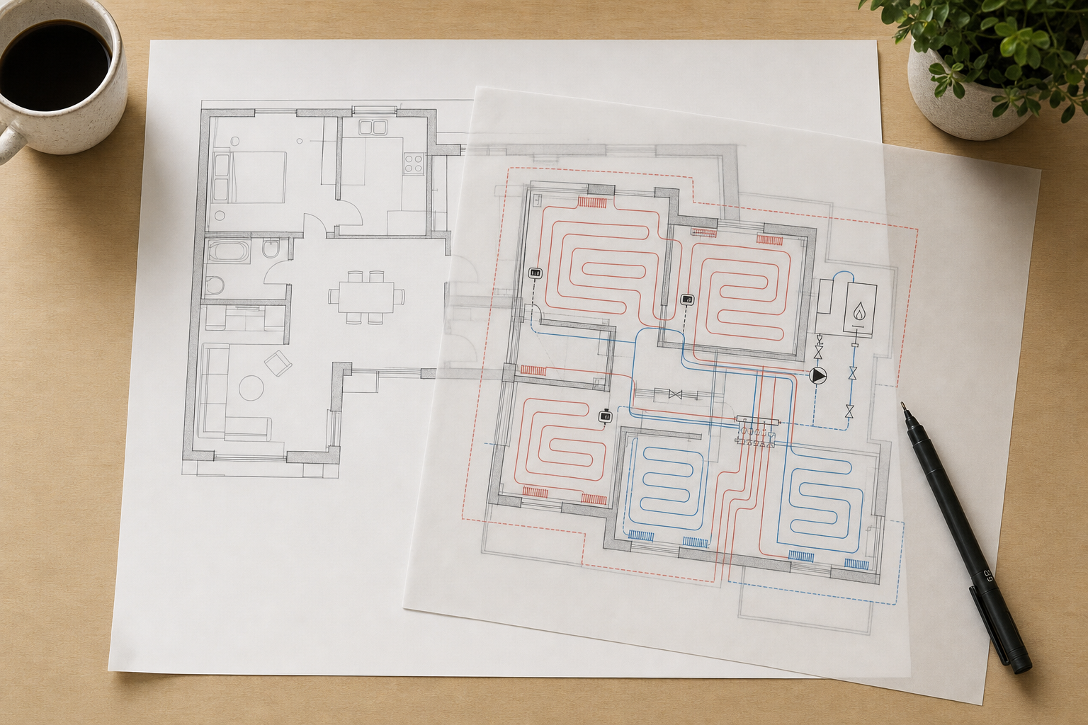Architectural floor plan and heating system diagram on a desk with a coffee mug and plant.