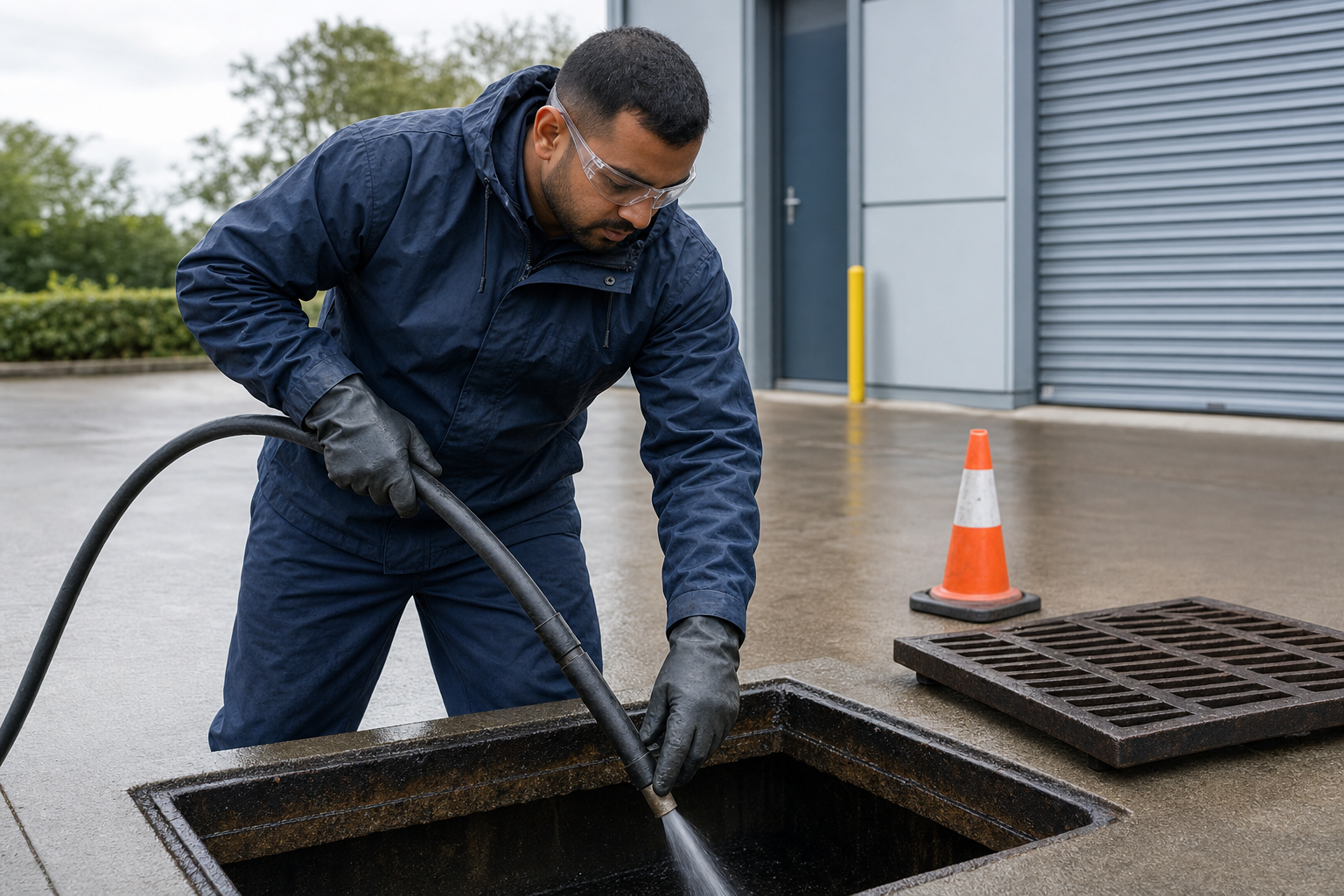 A worker in protective gear cleans a drain with a high-pressure hose near a building with an orange safety cone nearby.