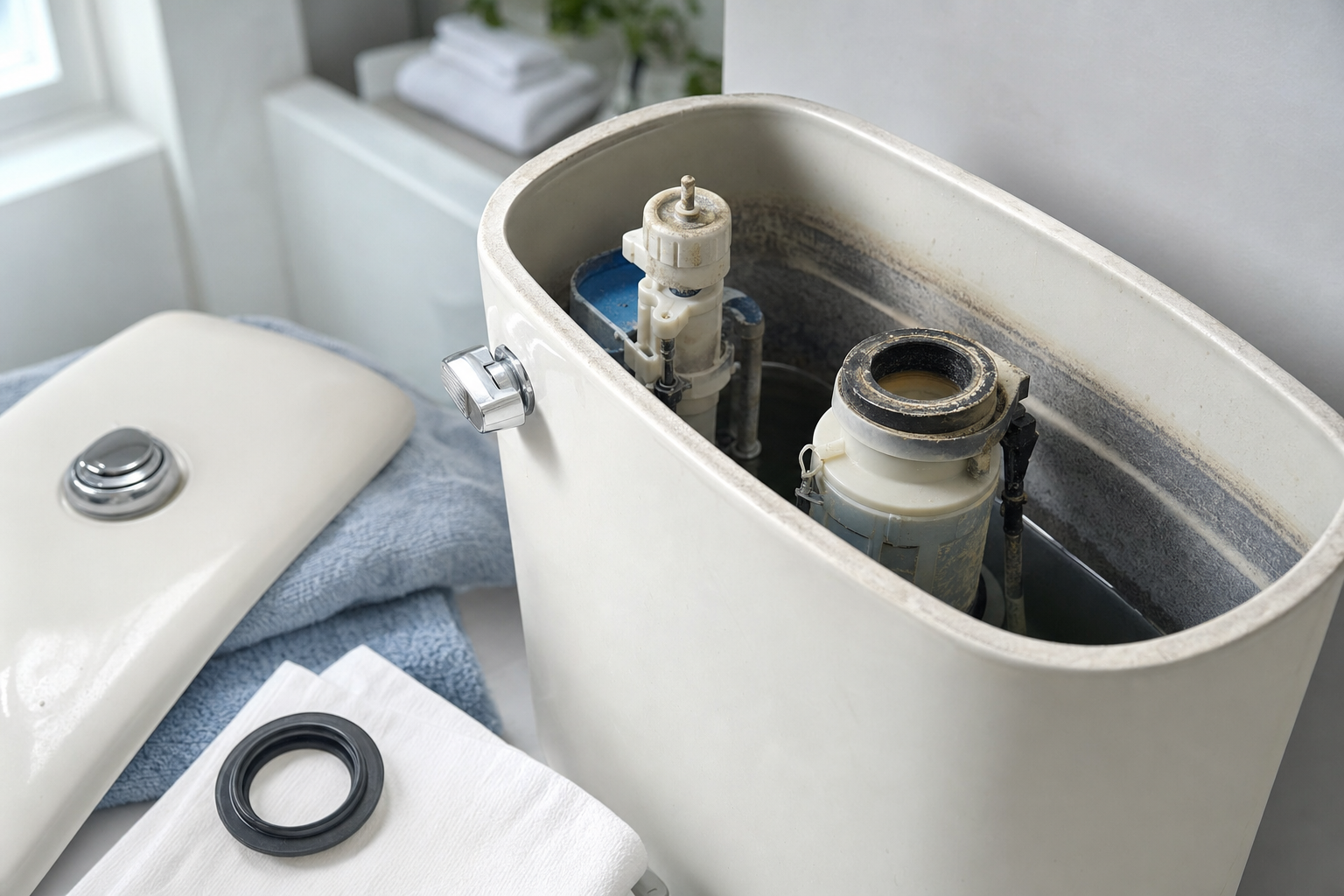 An open toilet cistern with removed lid, showing internal mechanisms and a gasket on nearby towels.