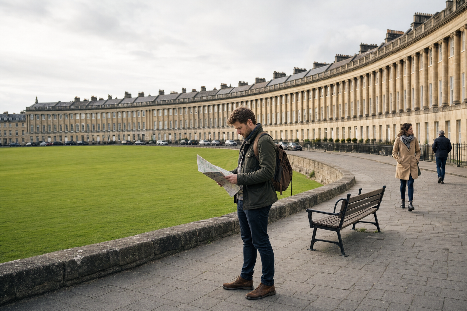 A person with a backpack studies a map in front of Bath's historic Royal Crescent on a cloudy day.