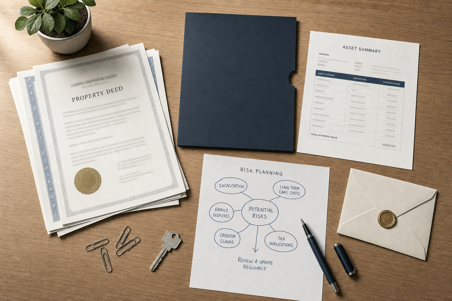 A wooden desk displaying a property deed, risk planning chart, asset summary, envelope, keys, pen, and potted plant.