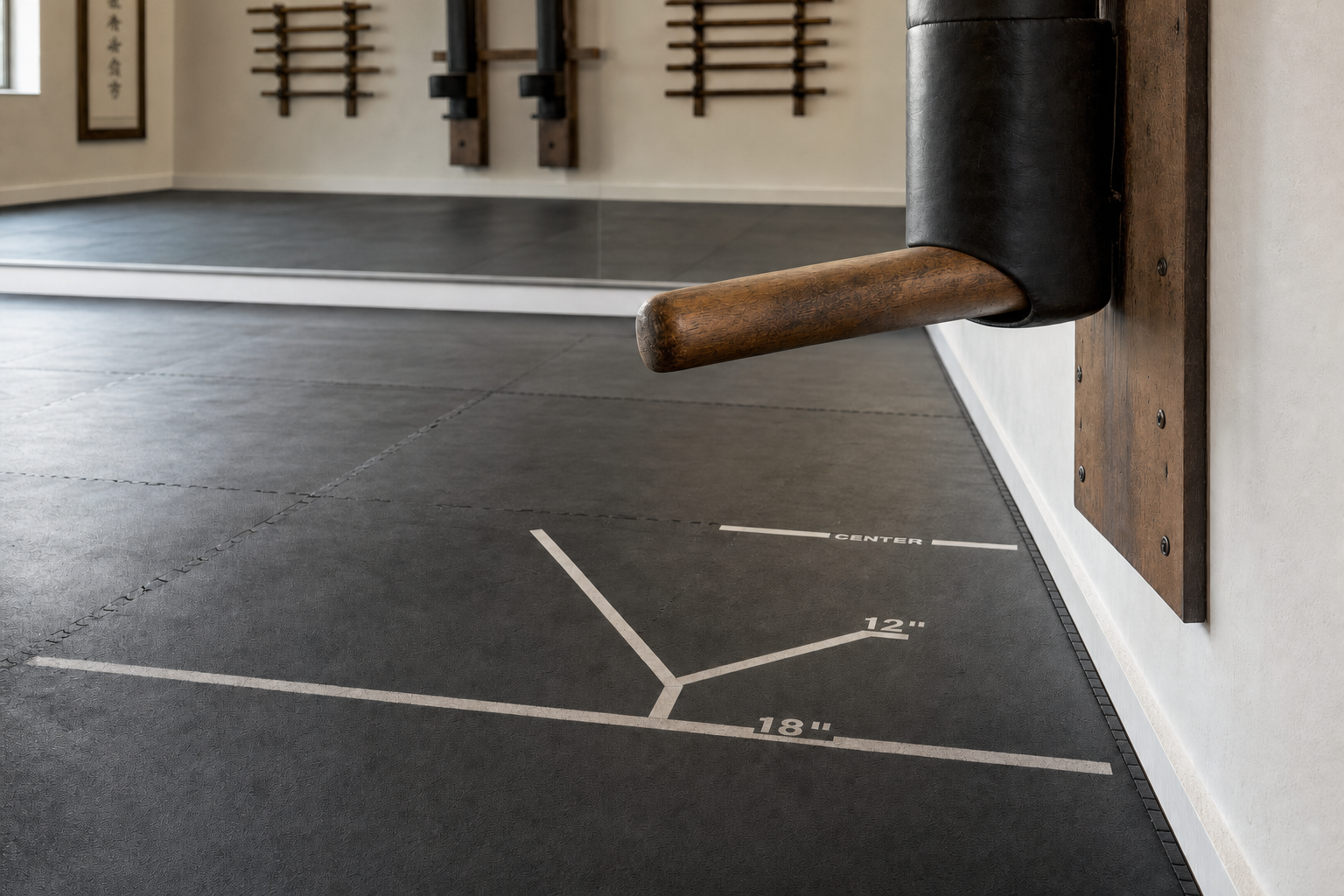 A martial arts training room with a wooden dummy and measurement markings on the black mat floor.
