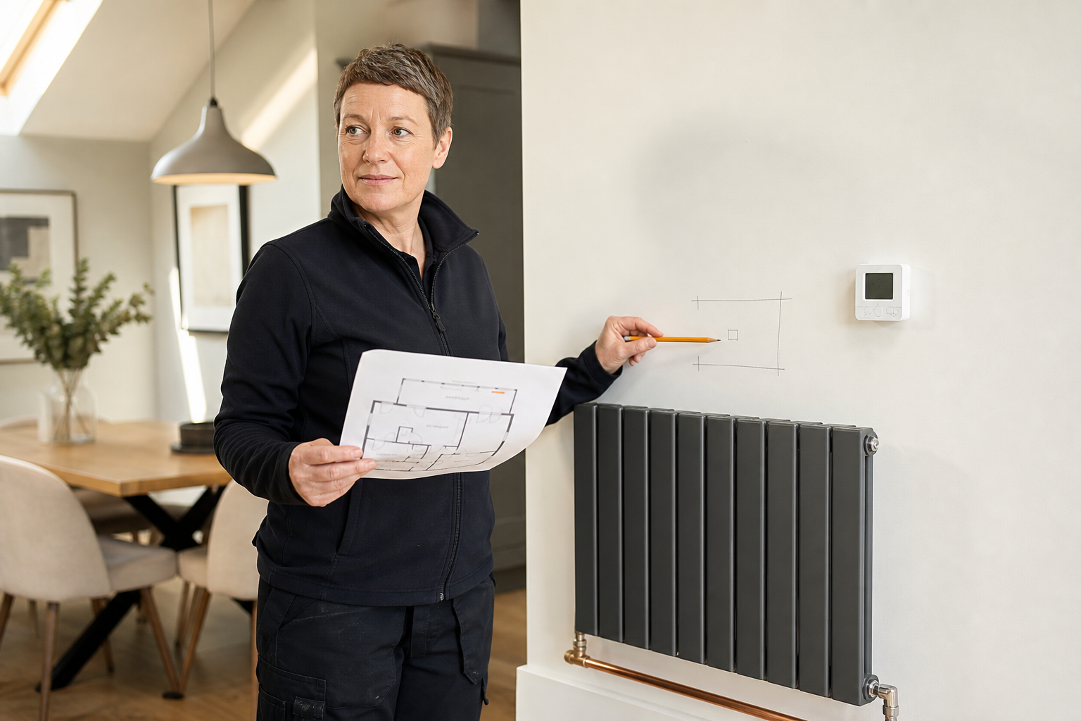 Person holding a floor plan and pencil, standing by a wall-mounted radiator and thermostat.