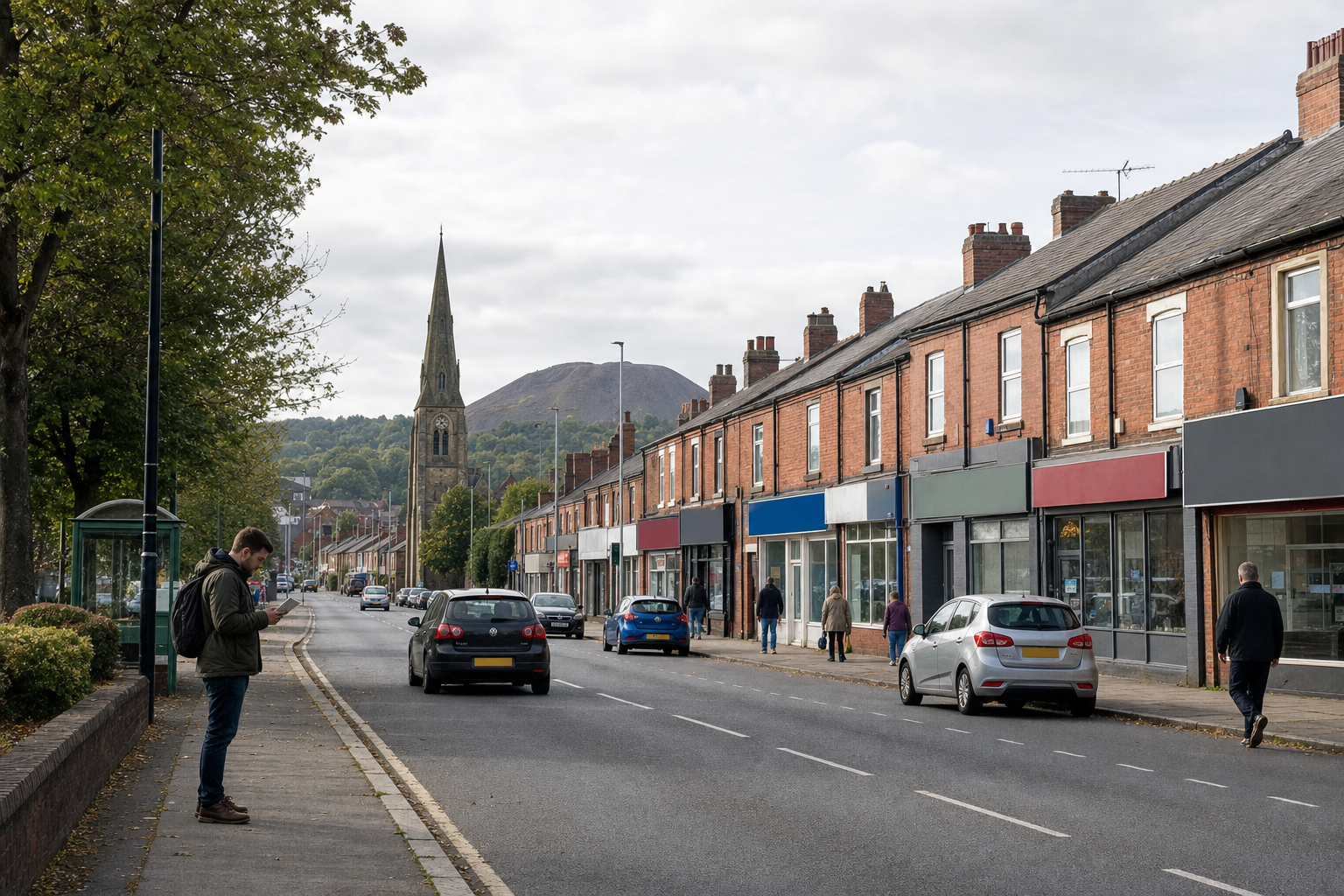Street scene with a man using a phone by a bus stop, lined with cars and shops, and a church spire in the background.