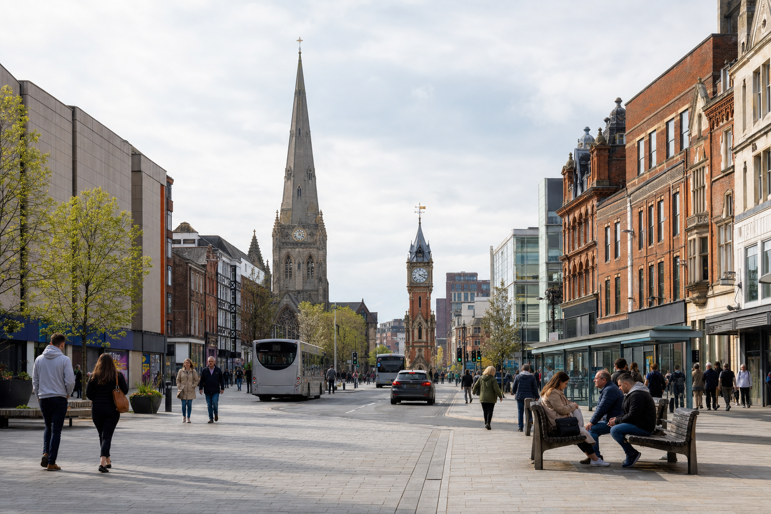 People walking and sitting on benches in a busy urban street with historic buildings and a church steeple in the background.