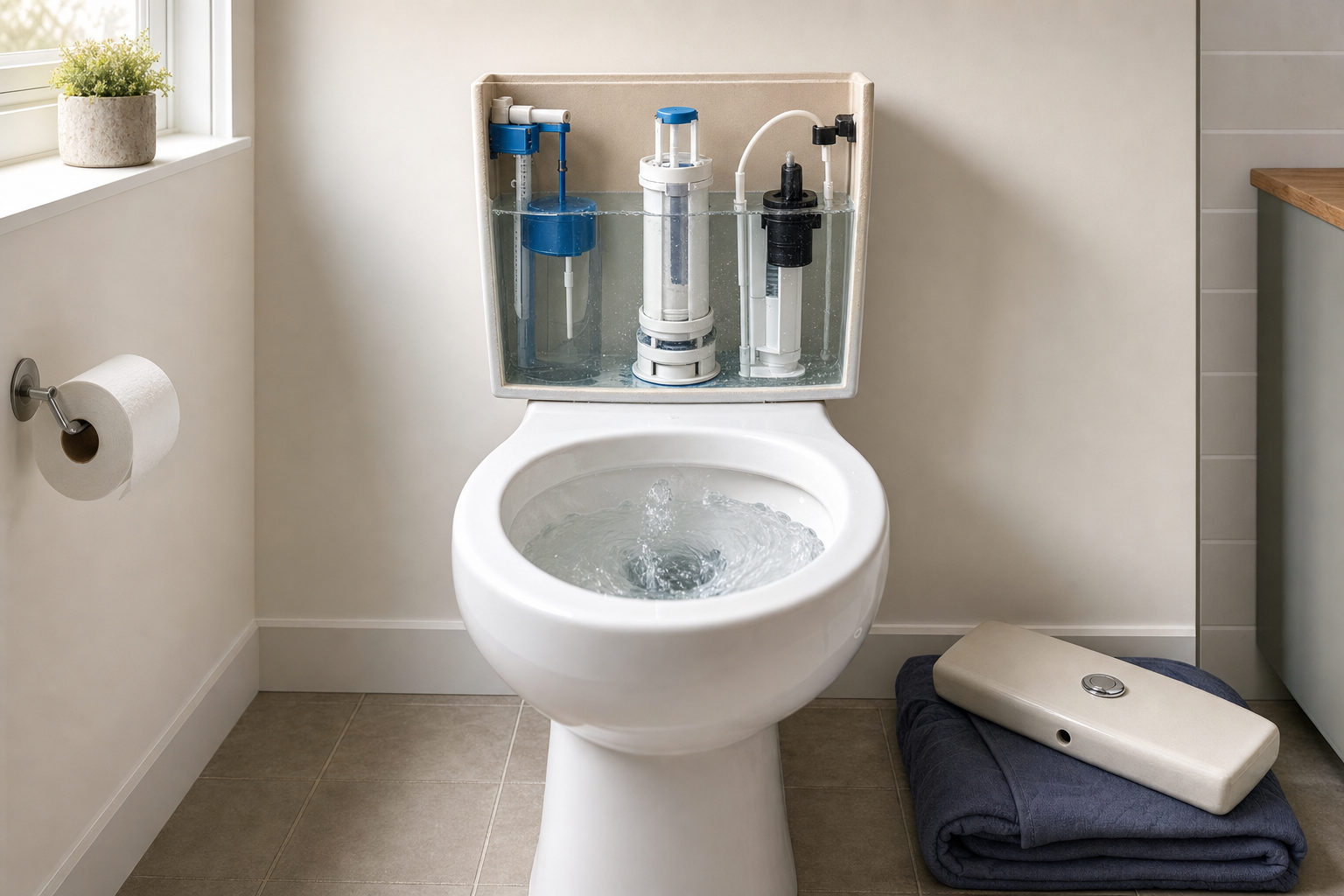 Toilet with exposed cistern mechanism flushing water, adjacent to a roll of toilet paper and folded towels.