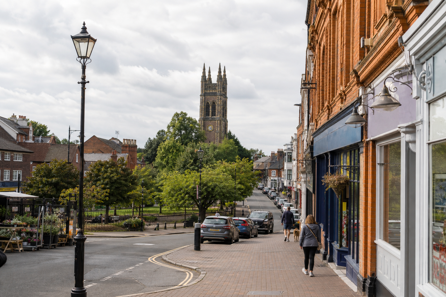 People walking on a street lined with shops and cars, with a tall church tower visible in the background under a cloudy sky.