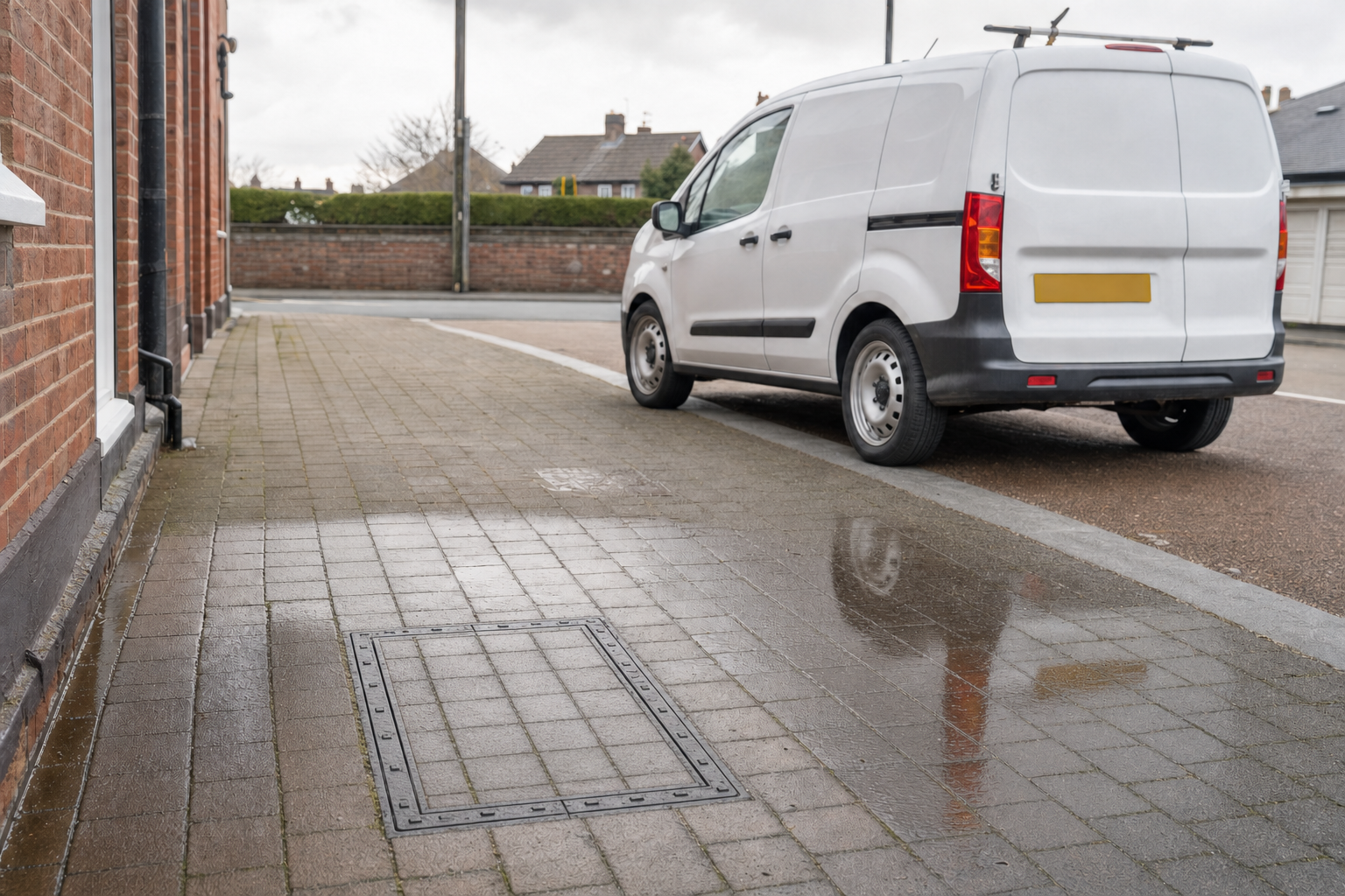White van parked on a wet, reflective street beside a brick building on a cloudy day.