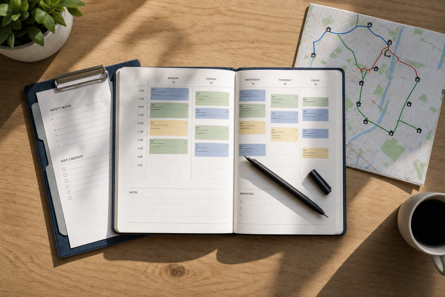 Open planner on a desk with a pen, clipboard, map, plant, and cup of coffee, showing a weekly schedule.