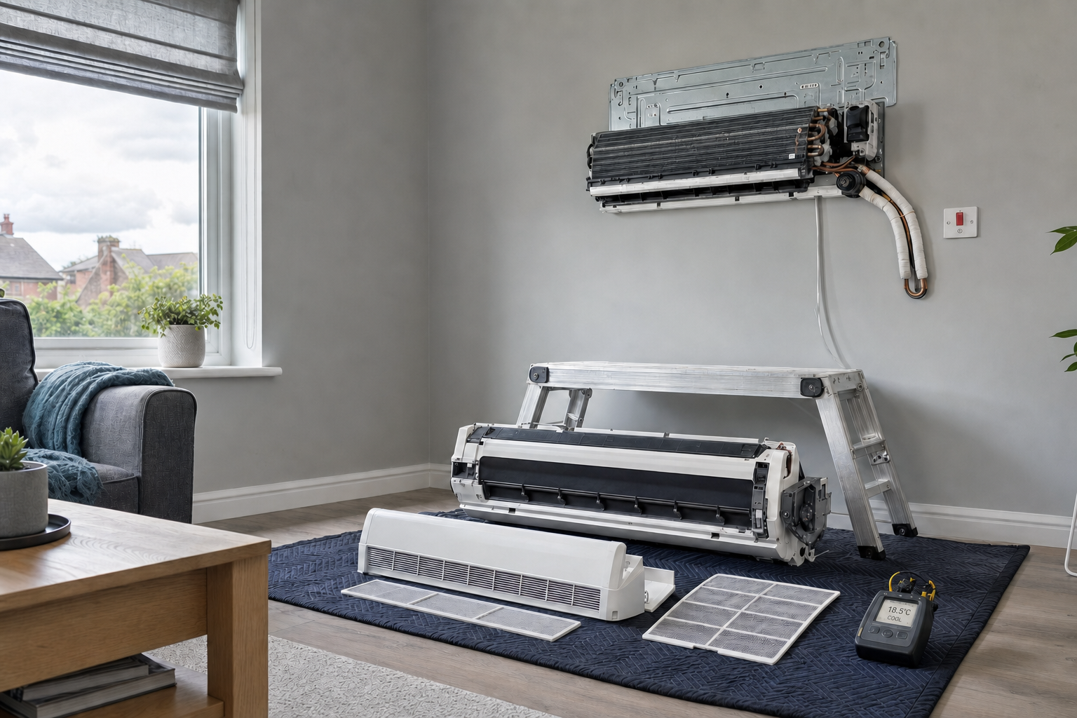 Disassembled air conditioning unit on a mat with tools and filters in a modern living room.