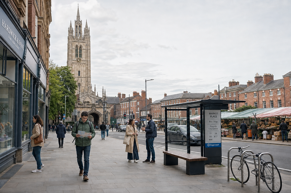 People walking and browsing near a Gothic cathedral, with a market and bike racks on a bustling city street.