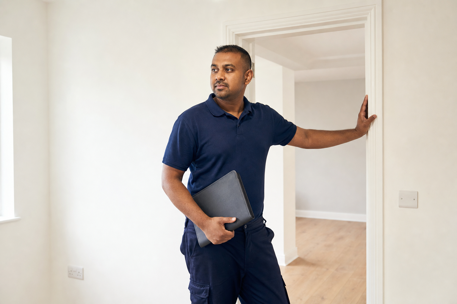 A man in a navy polo shirt stands in a doorway holding a tablet, surveying an empty room.