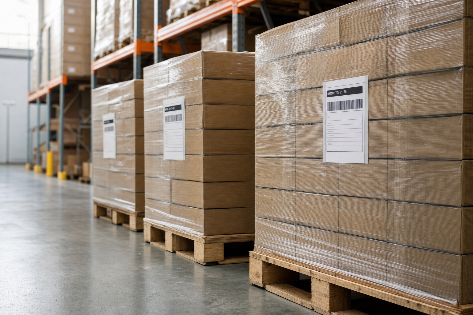 Stacks of cardboard boxes wrapped in plastic on wooden pallets inside a warehouse.