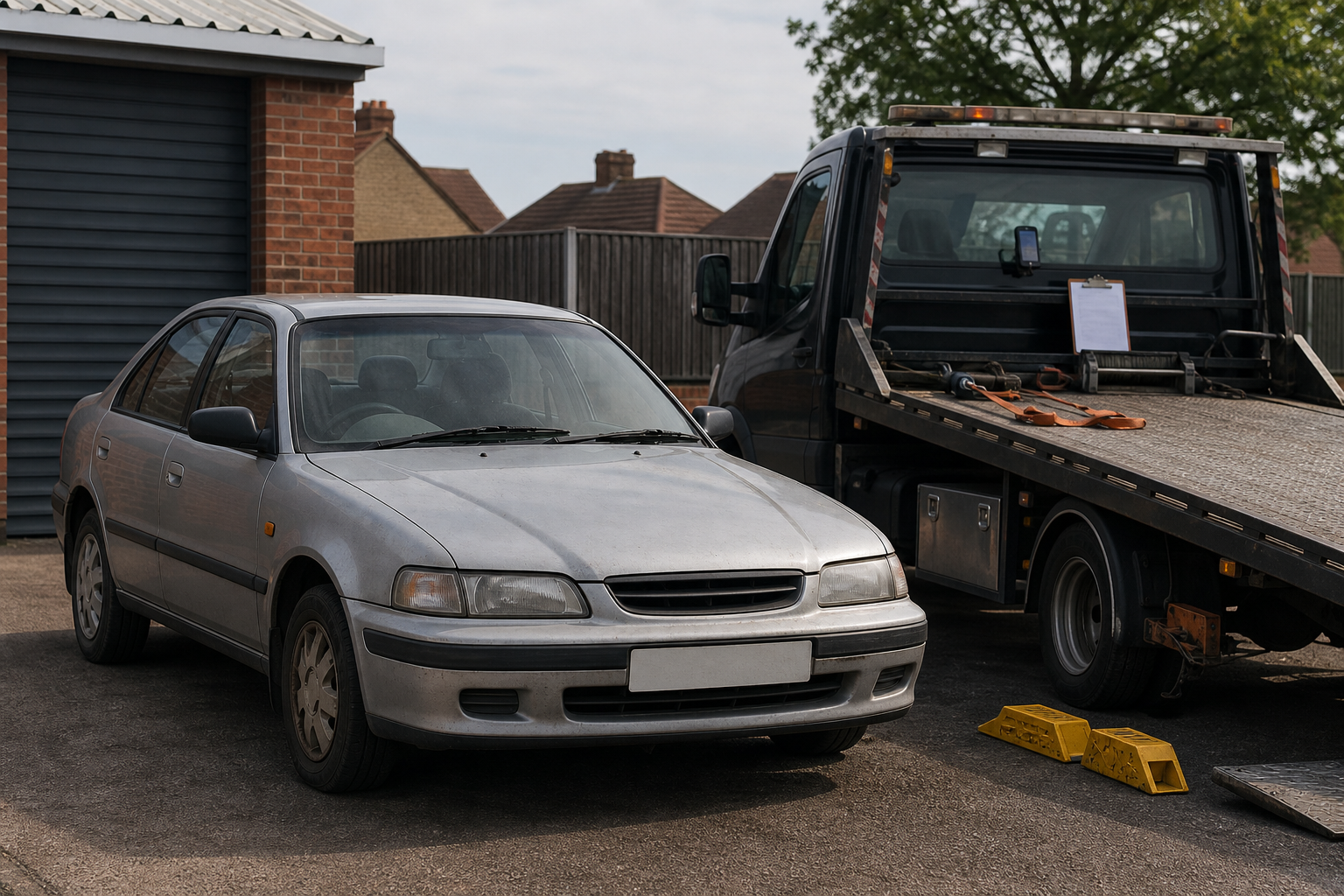 Silver sedan parked next to a tow truck with a loading ramp.