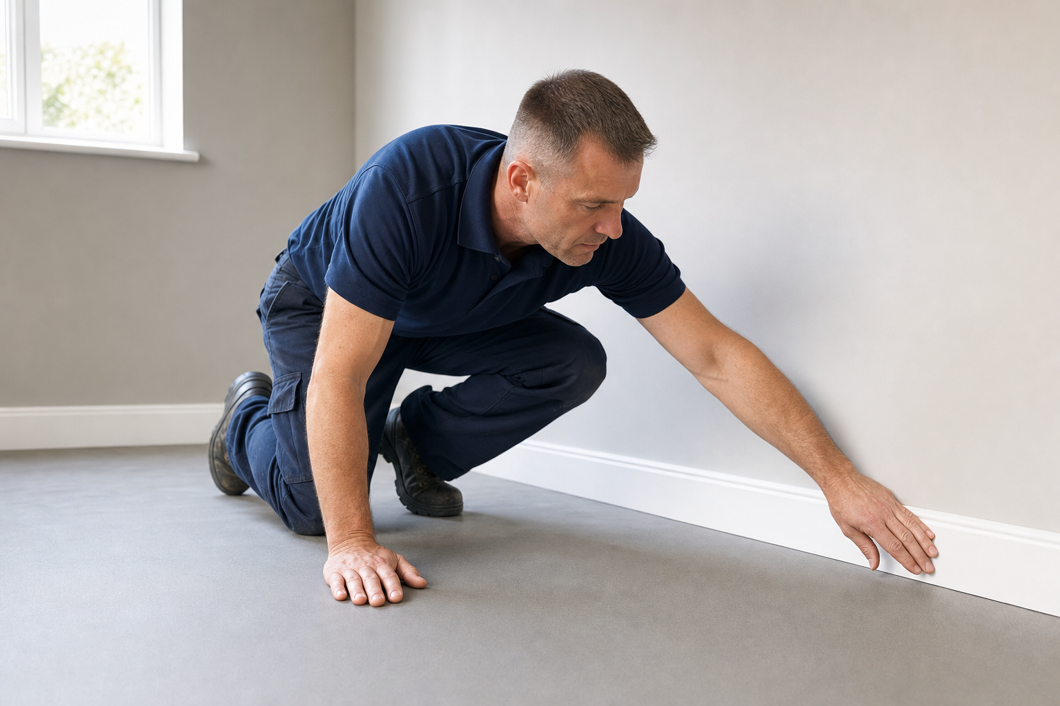 Man in a navy uniform kneeling on the floor, measuring or inspecting against a skirting board.