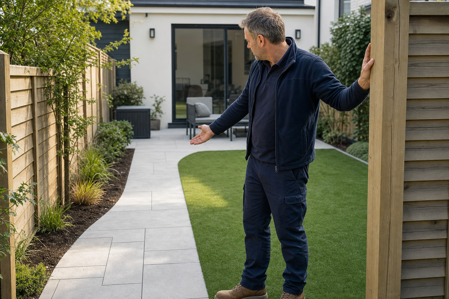 A man gestures towards a landscaped garden path leading to a house with a glass door.