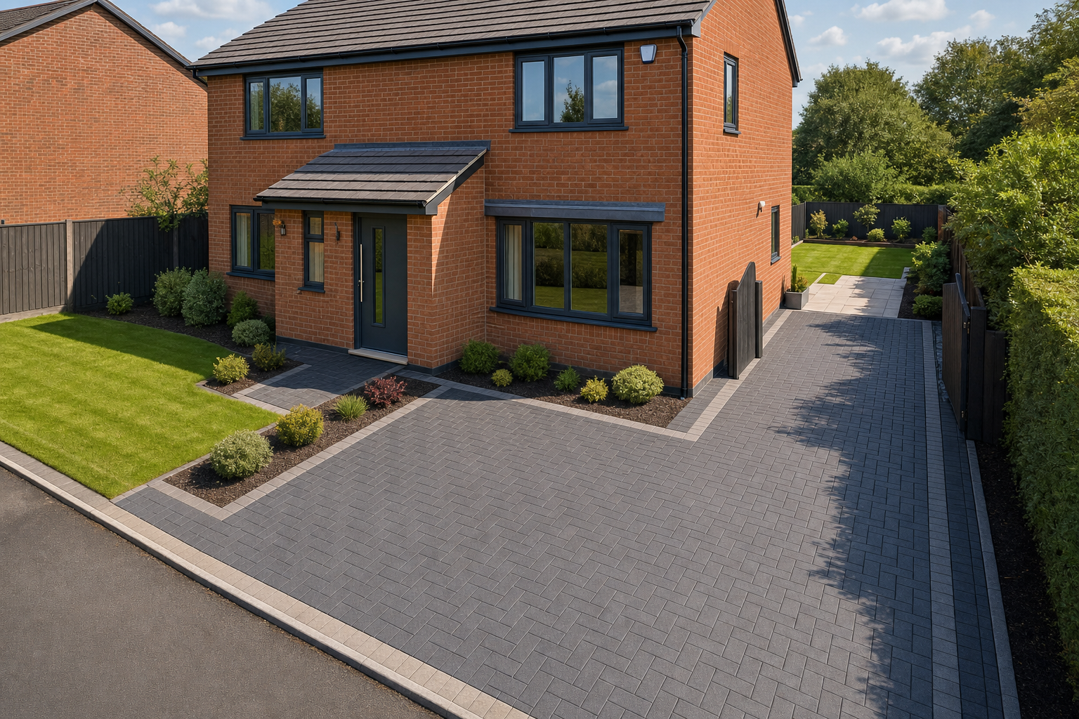 Modern red-brick house with a tidy garden and a paved driveway under a blue sky.