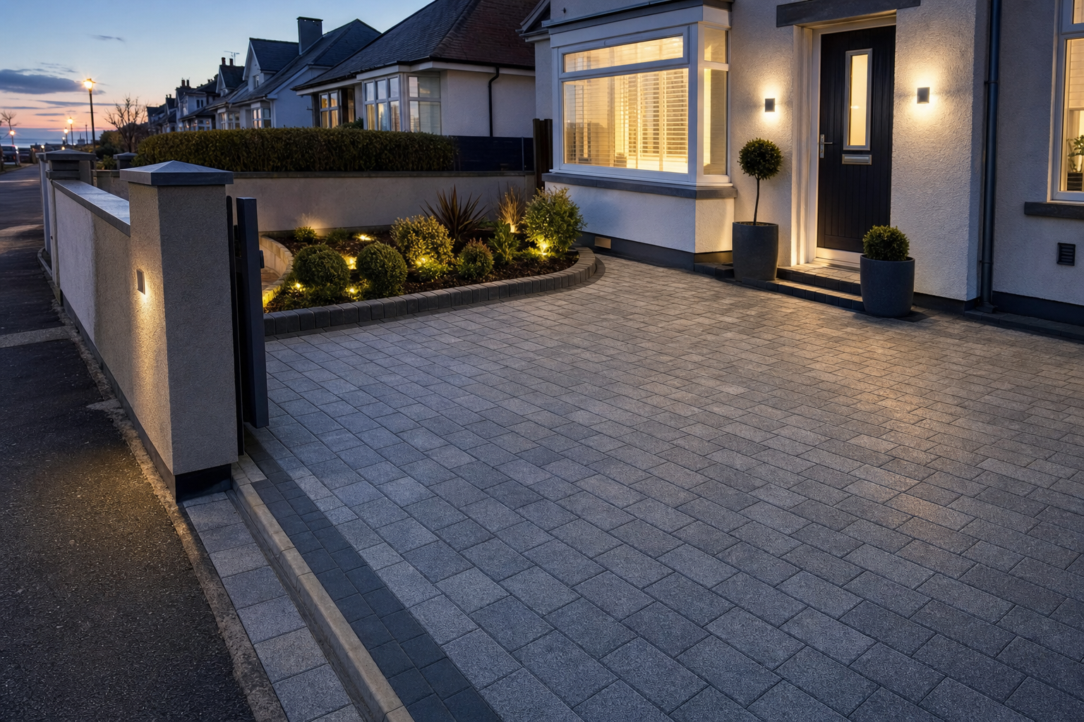 Modern driveway with neatly arranged paving stones and illuminated garden path leading to a stylish house at dusk.
