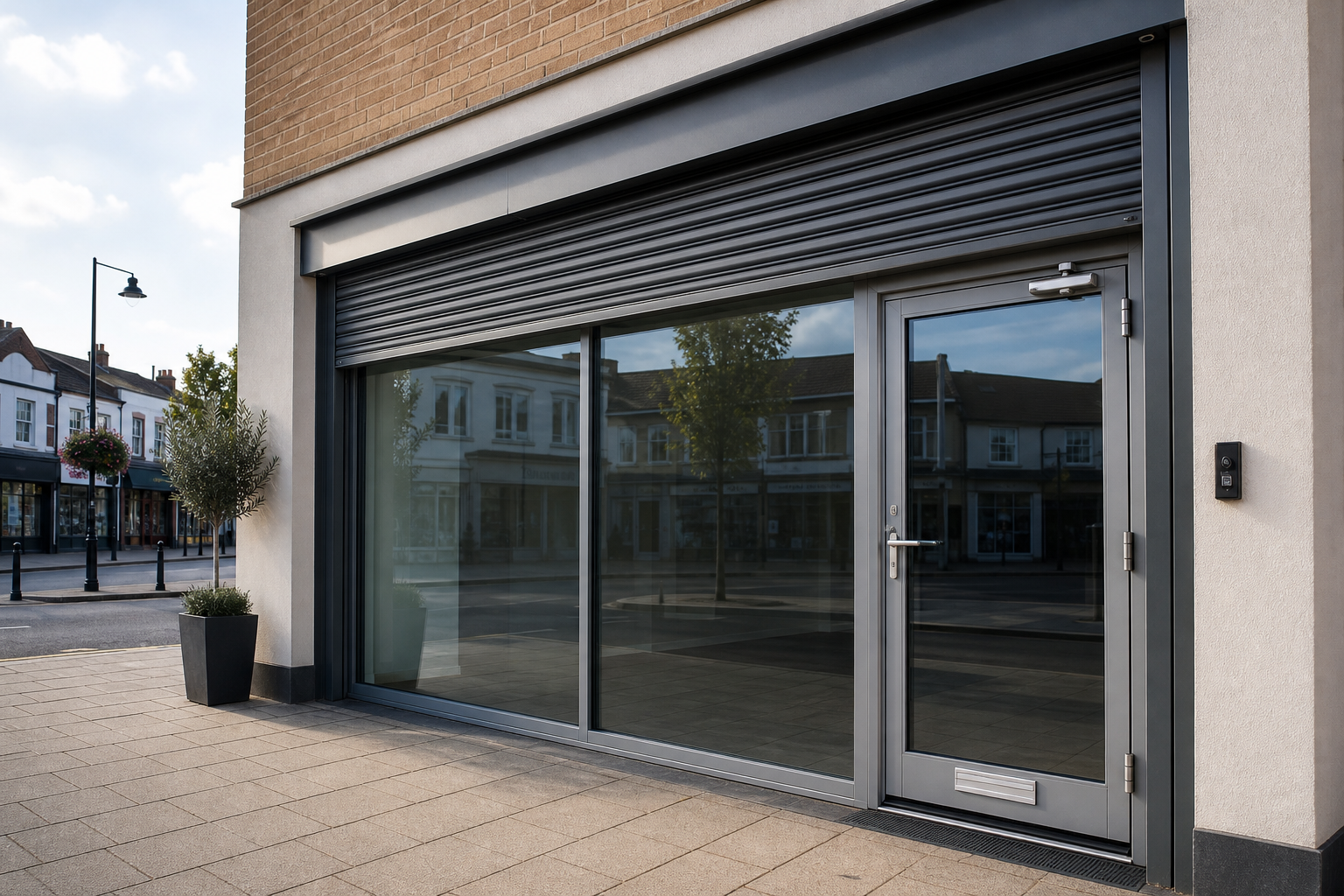 Modern storefront with large glass windows and a sleek, gray entrance door on a sunlit street corner.