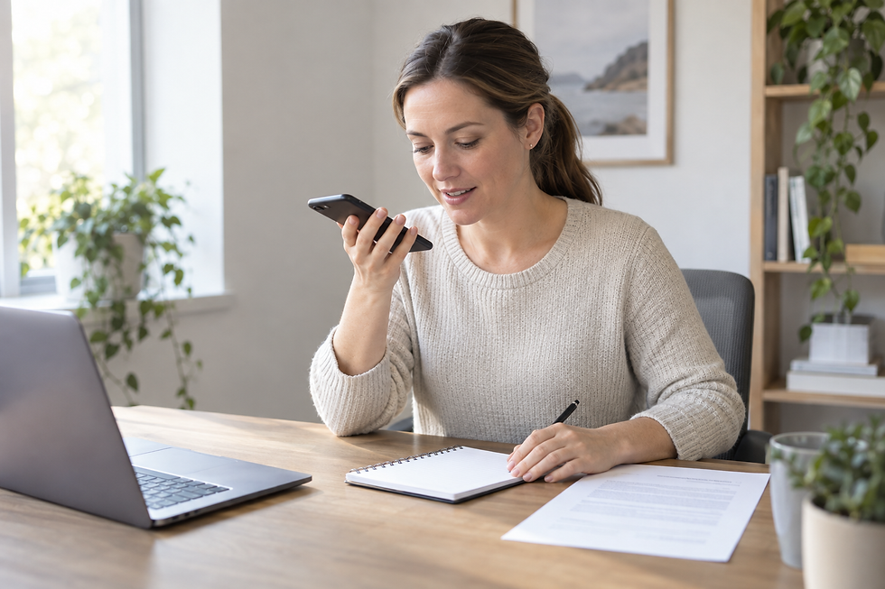 A woman sits at a desk in a home office, using her phone to record a voice message, with a laptop and notepad nearby.