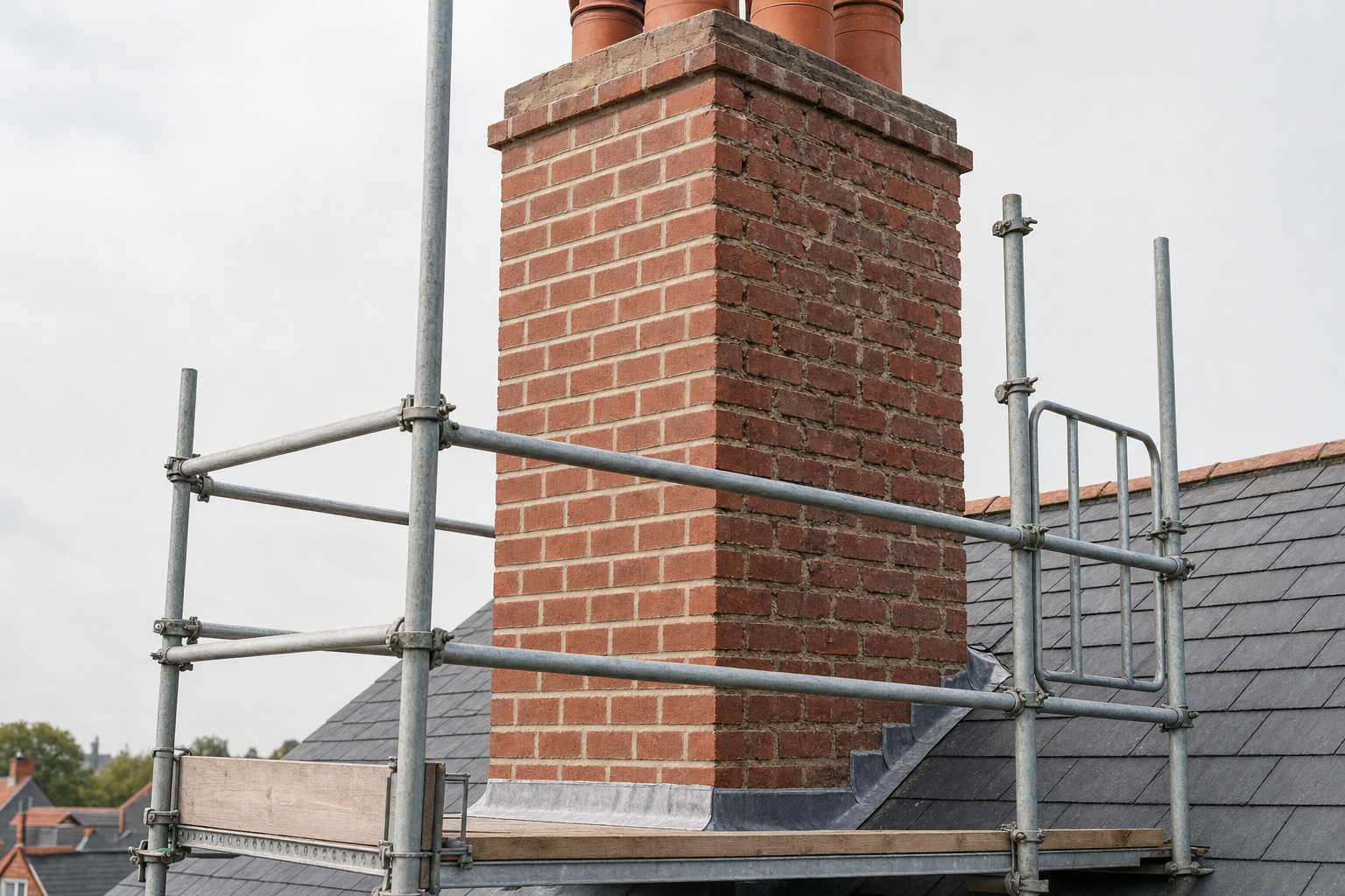 A brick chimney is surrounded by scaffolding for maintenance on a slate roof.
