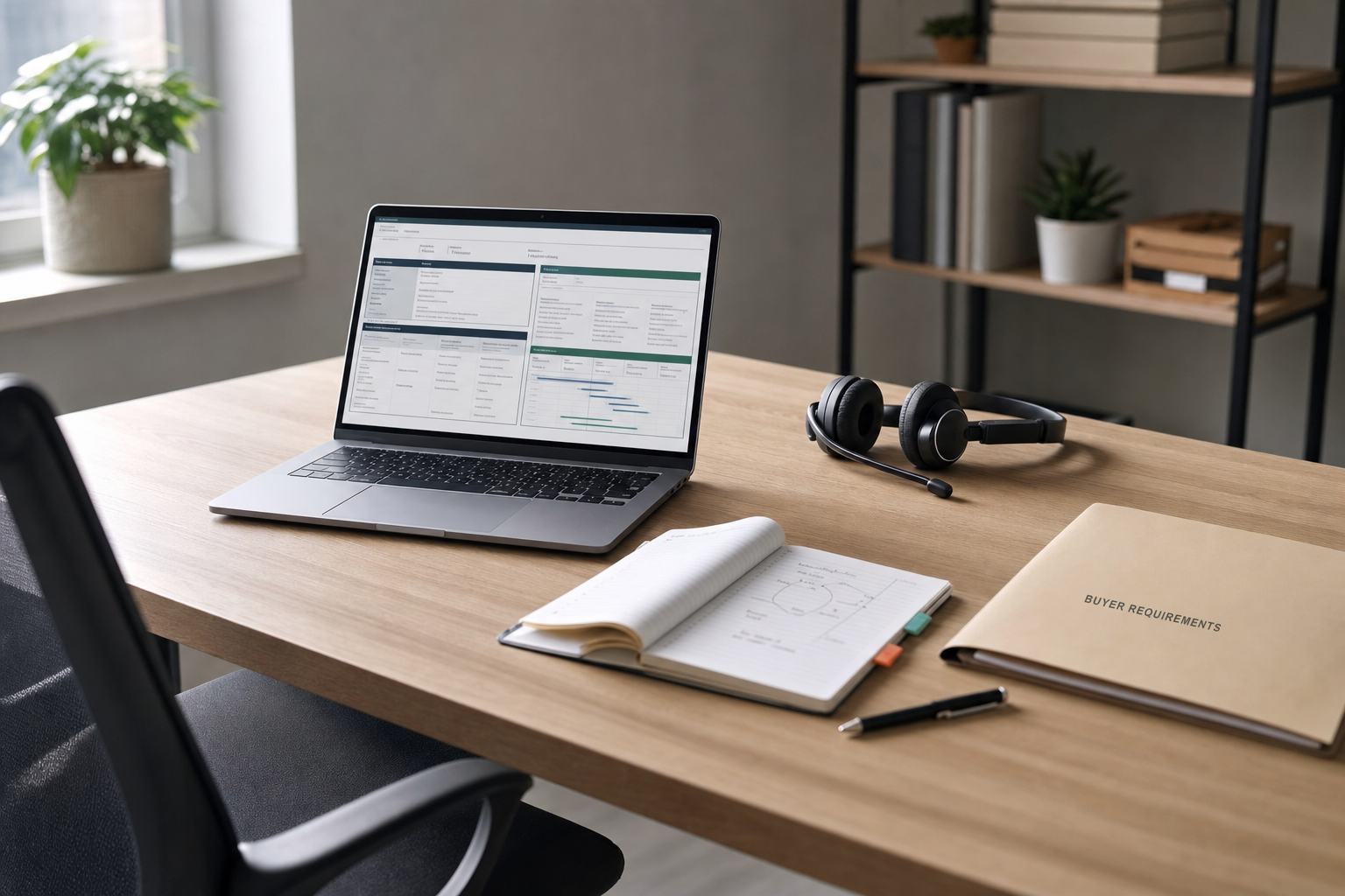 A laptop on a wooden desk with headphones, a notebook, and a document labelled "Buyer Requirements" in a modern office setting.