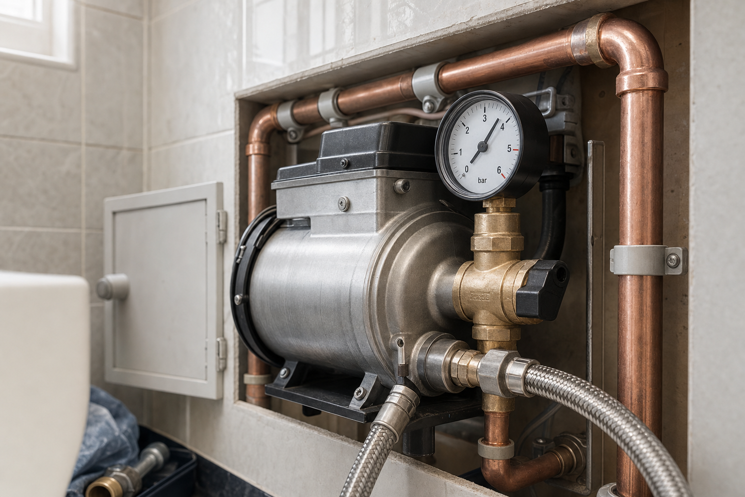 A pressure gauge and pump system installed within a tiled wall cavity, surrounded by copper pipes.