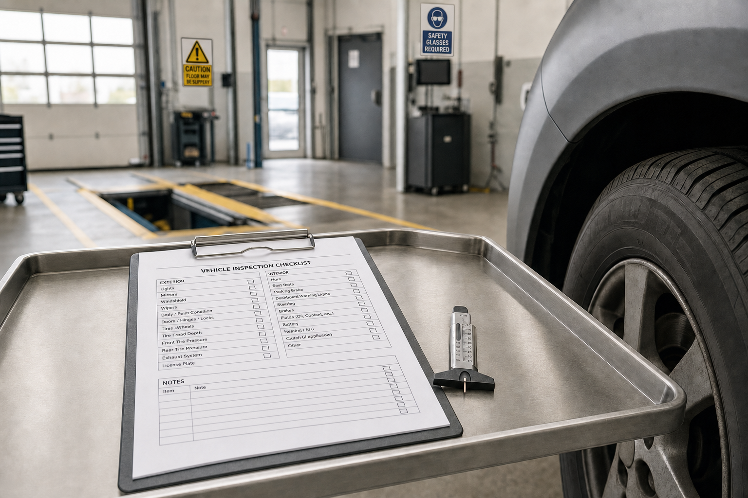 Vehicle inspection checklist and tyre gauge on a trolley beside a car in a garage workshop.