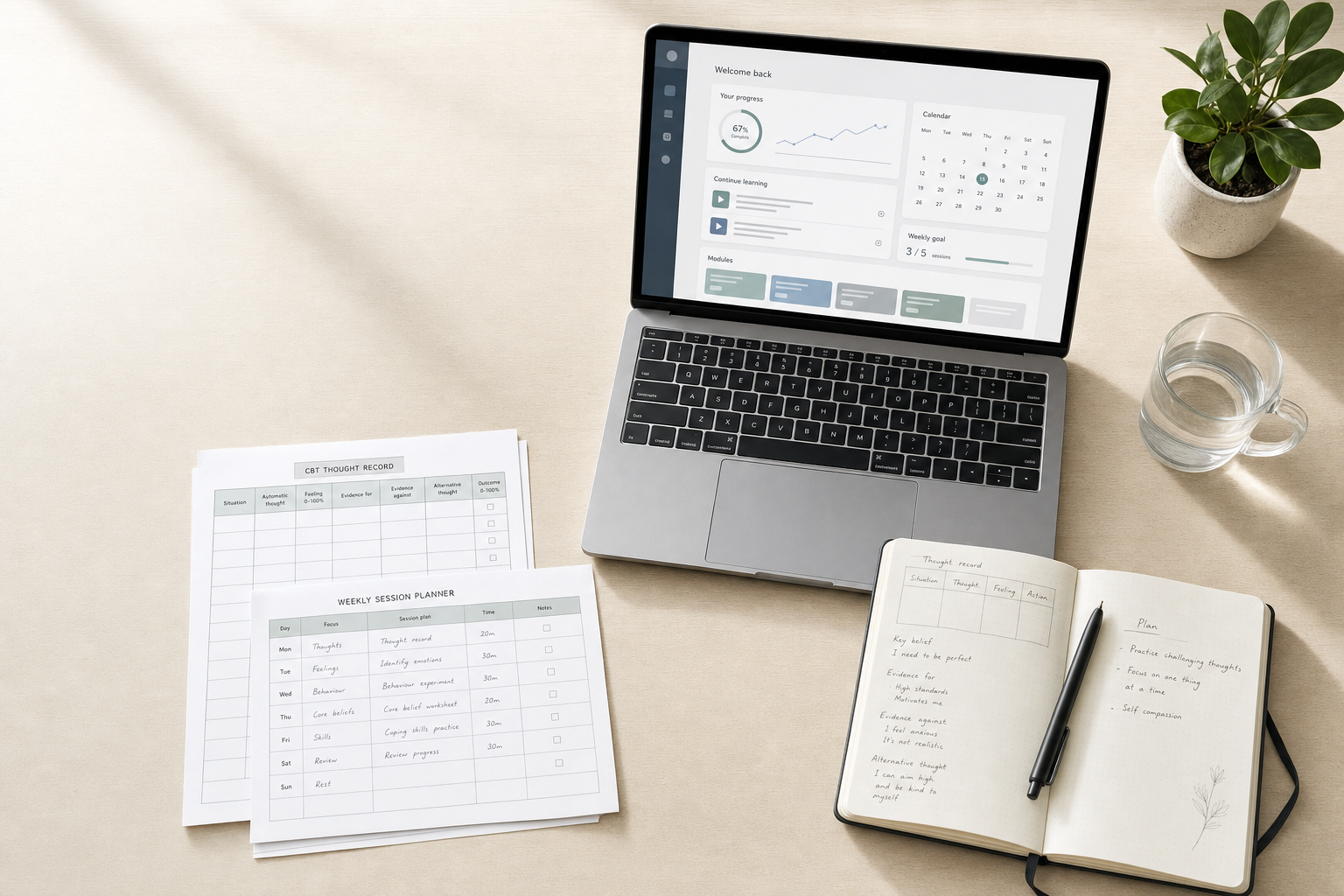 Laptop displaying progress tracker next to a CBT worksheet, planner, notebook, pen, and glass of water on a desk.