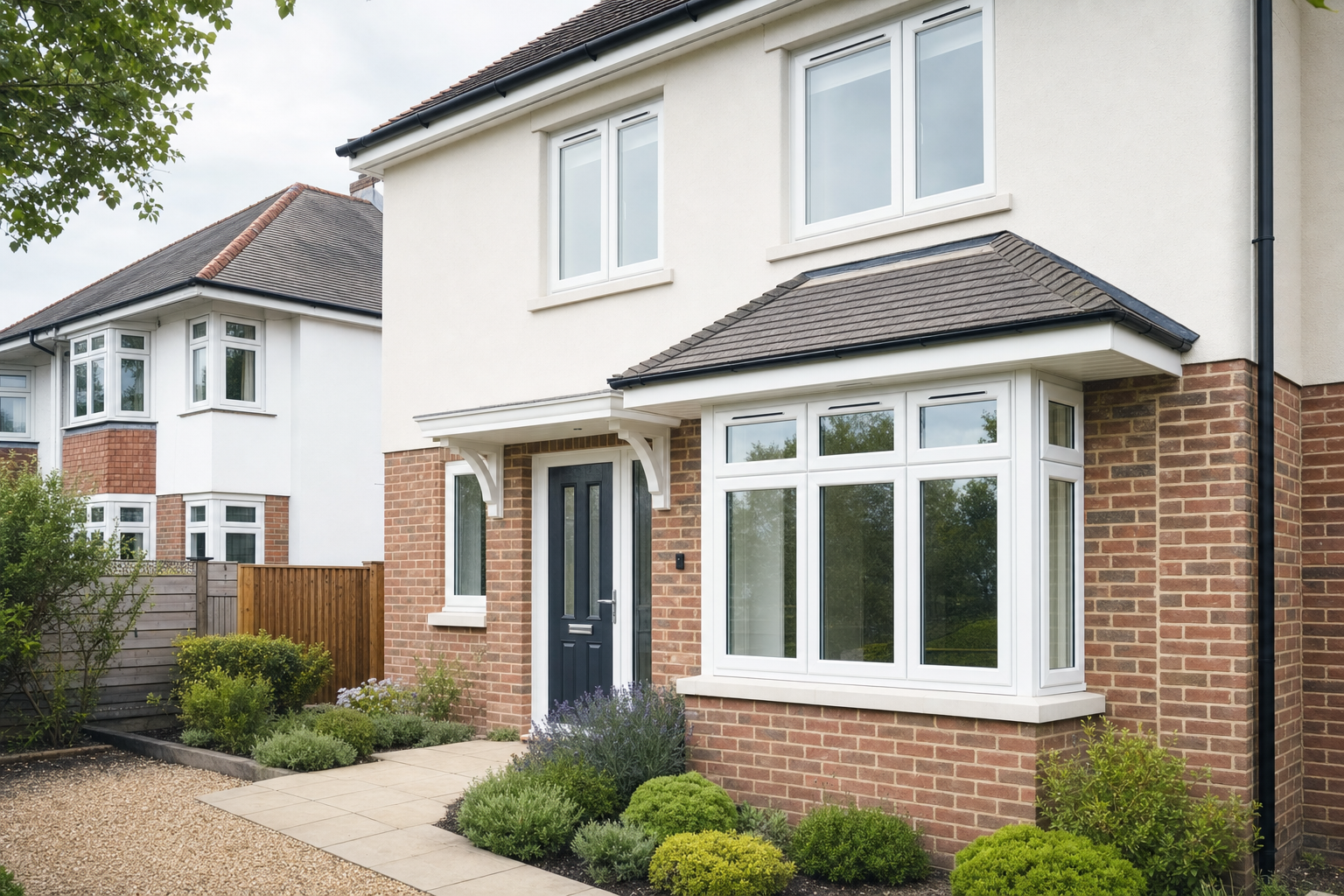 Modern brick house with a black front door and large windows, surrounded by a well-kept garden.
