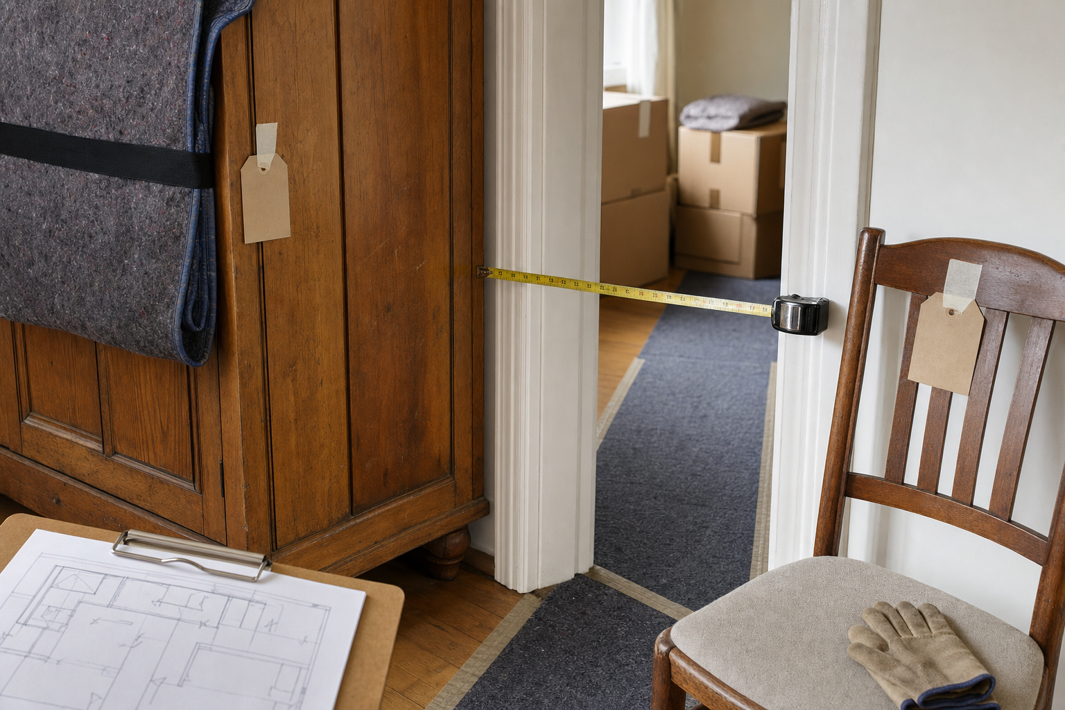 A living room with moving boxes, a measuring tape across the doorway, and a clipboard with floor plans on a chair.