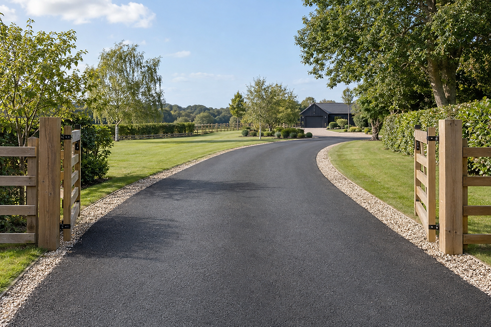 A tarmac driveway curves through a lush garden towards a distant wooden building under a blue sky.
