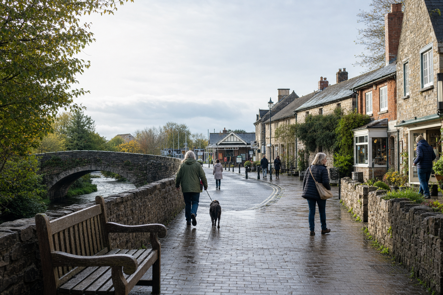 People walking along a cobblestone street beside a stone bridge and quaint buildings on a cloudy day.