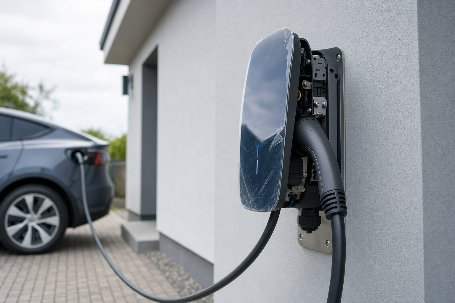 Electric car charging at a wall-mounted charge point next to a modern house.