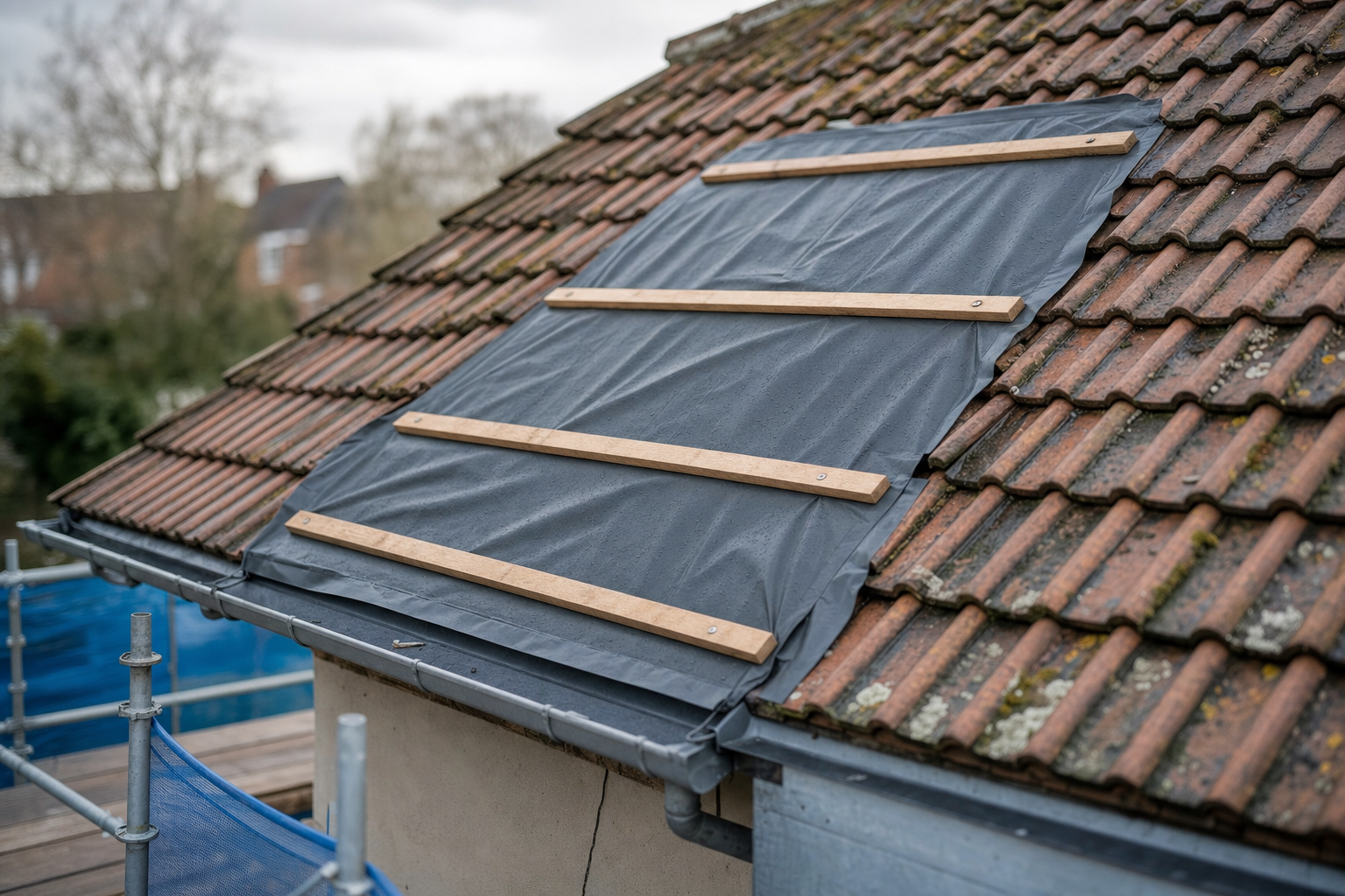A tiled roof with a section covered by a tarpaulin secured by wooden battens.