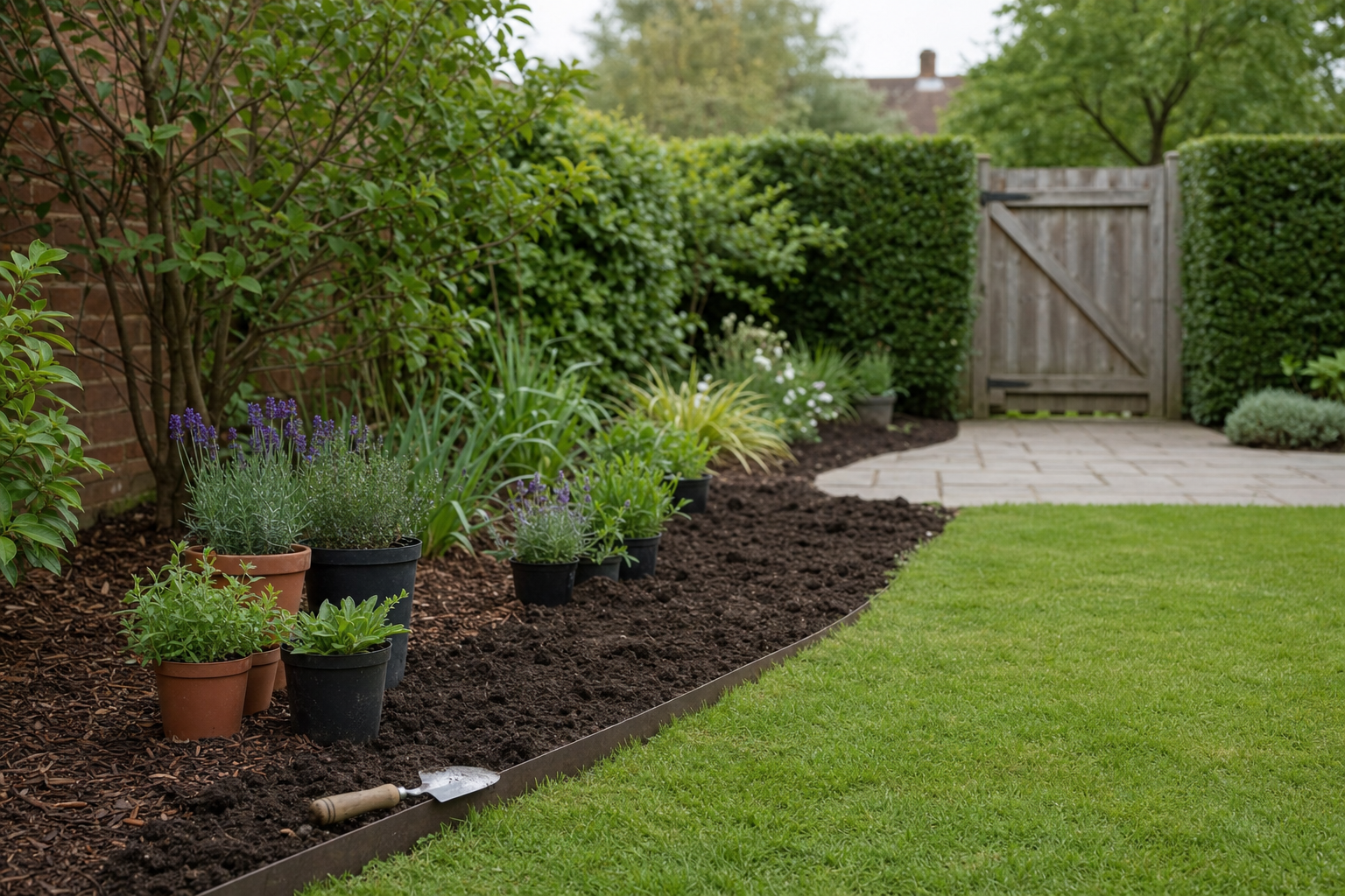 A row of potted plants ready for planting along a garden bed by a wooden gate and manicured lawn.